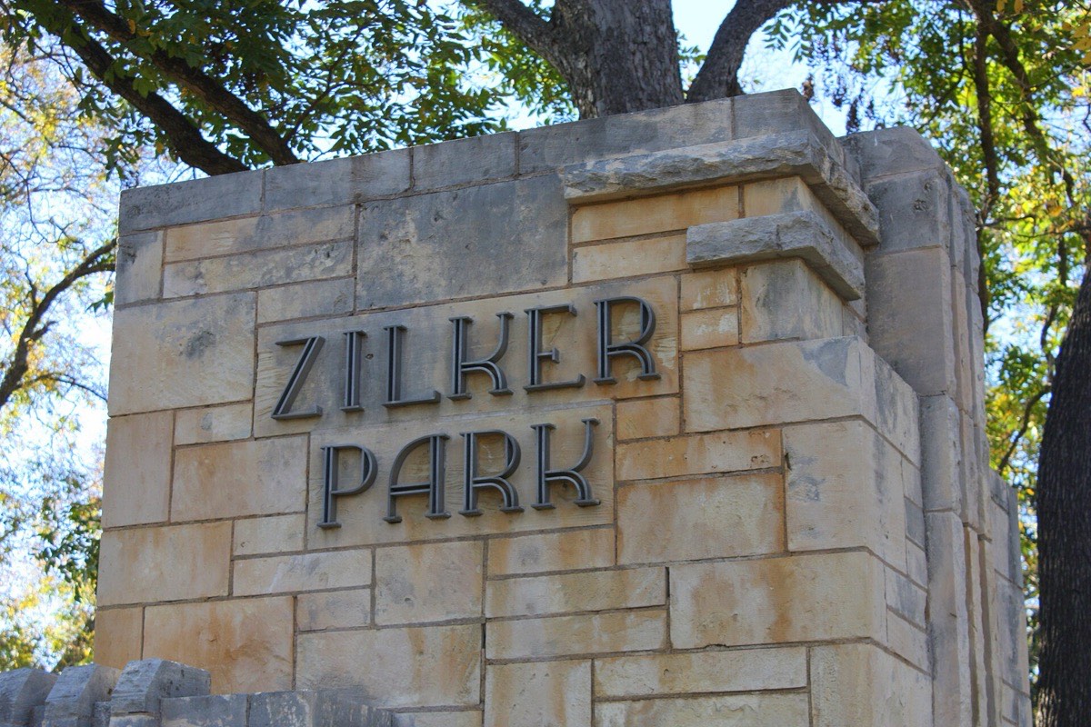 The stone entrance sign at Zilker Park in Austin